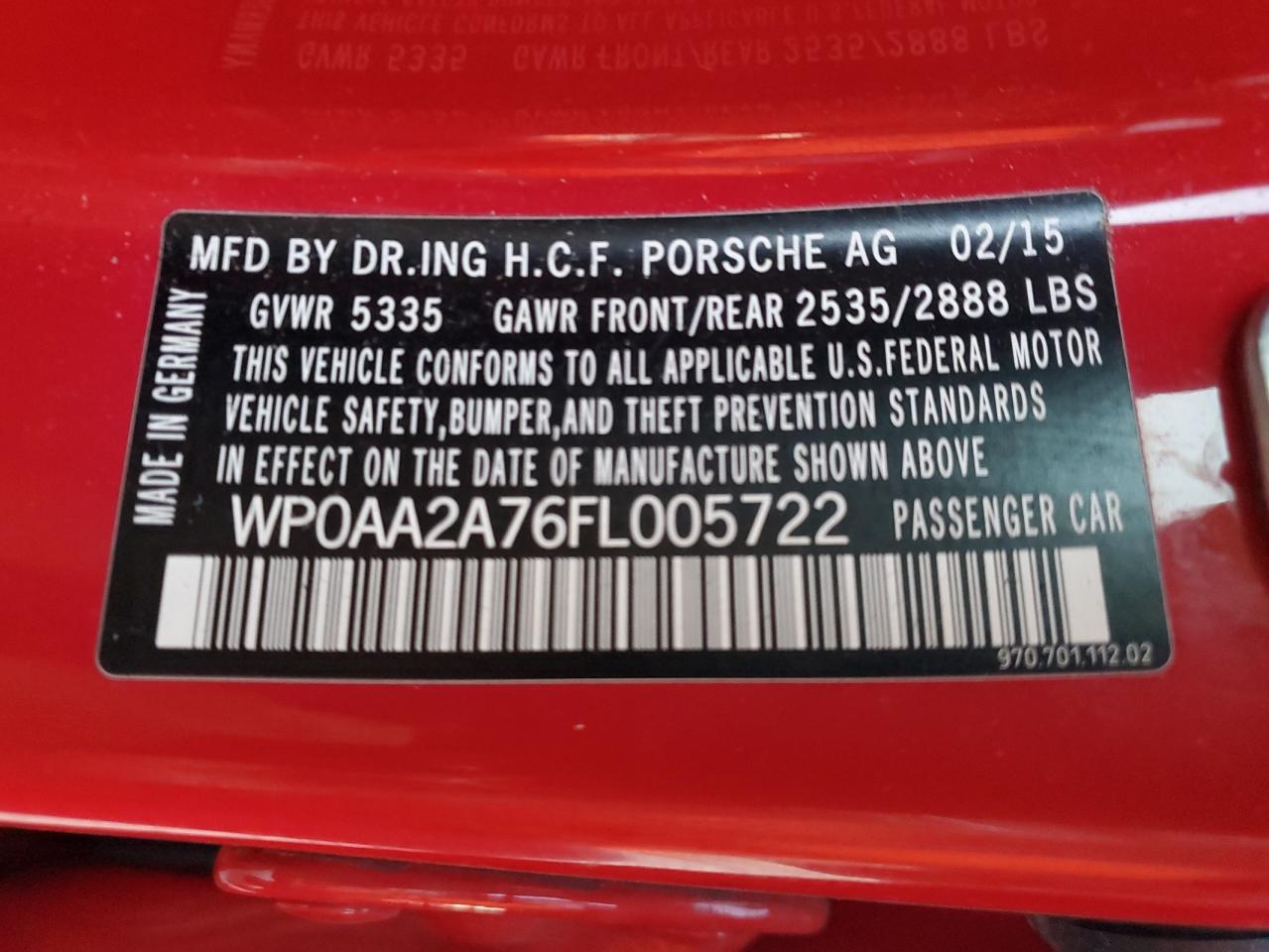 2015 Porsche Panamera 2 VIN: WP0AA2A76FL005722 Lot: 83974295