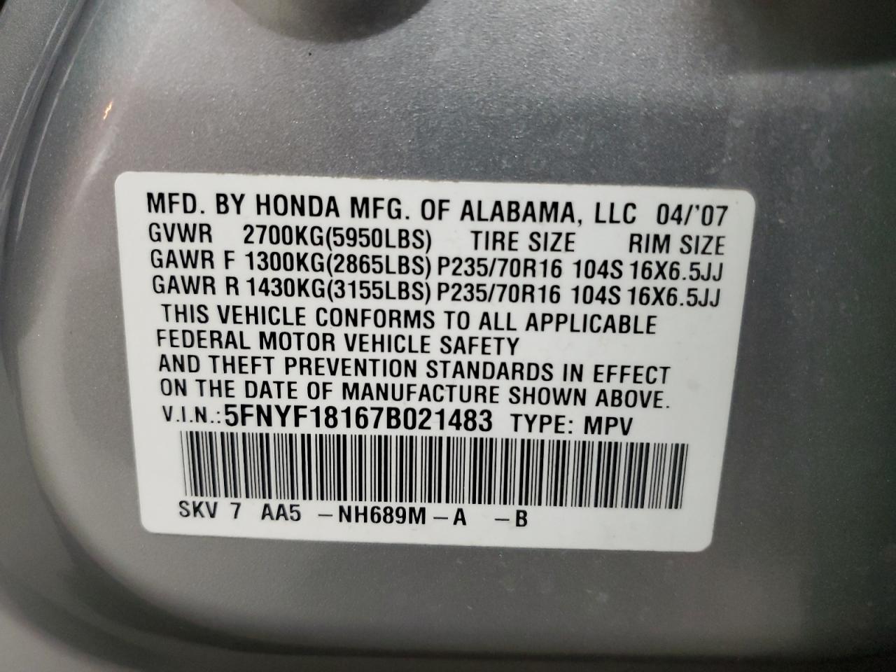 2007 Honda Pilot Lx VIN: 5FNYF18167B021483 Lot: 80688275