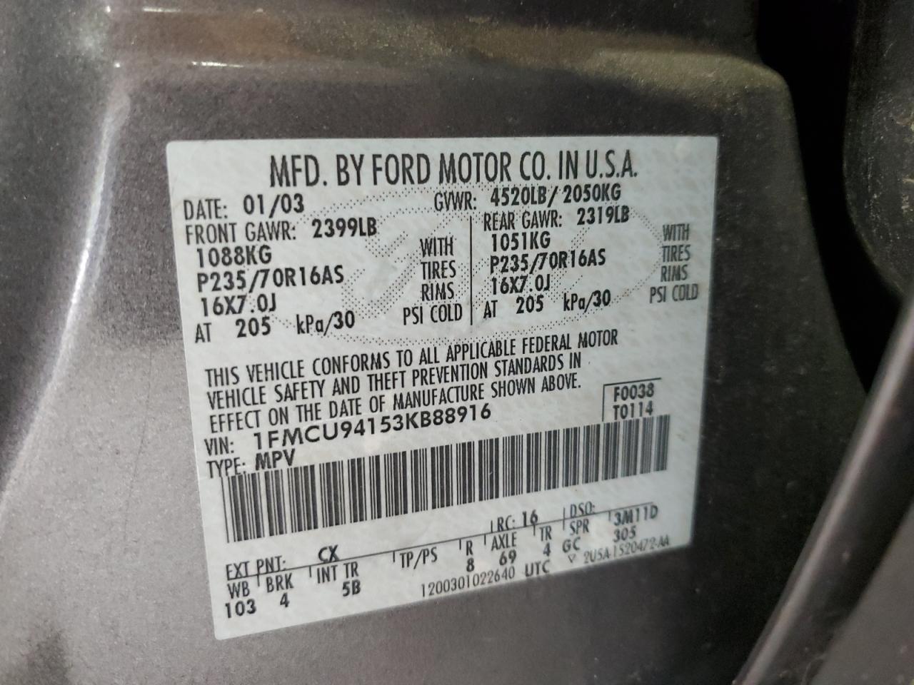 2003 Ford Escape Limited VIN: 1FMCU94153KB88916 Lot: 81922945