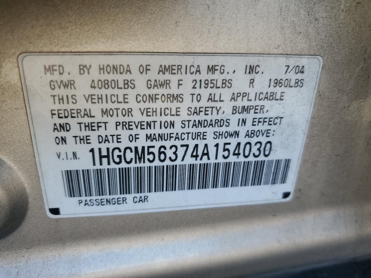 2004 Honda Accord Lx VIN: 1HGCM56374A154030 Lot: 81902105