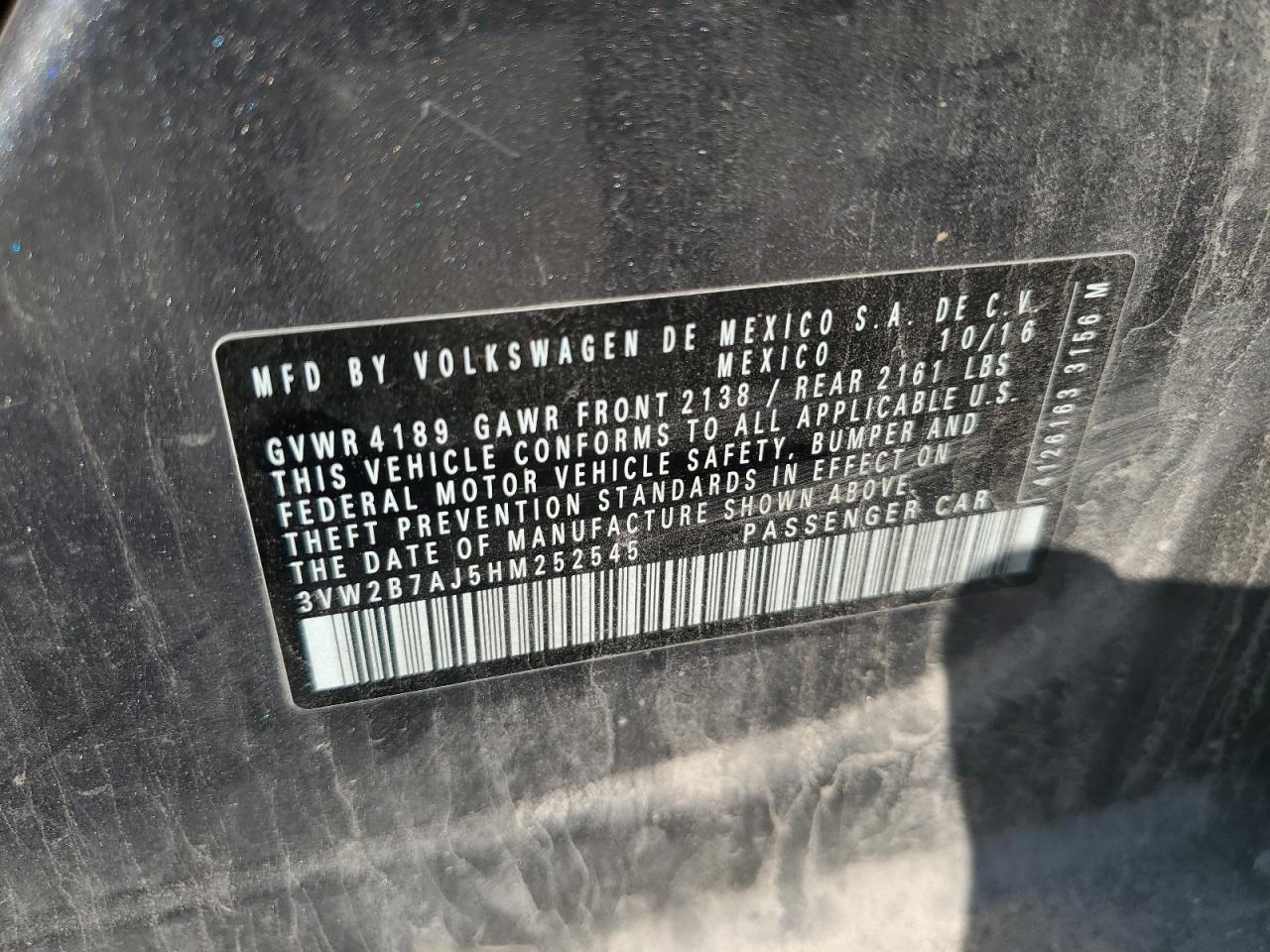 2017 Volkswagen Jetta S VIN: 3VW2B7AJ5HM252545 Lot: 80134975
