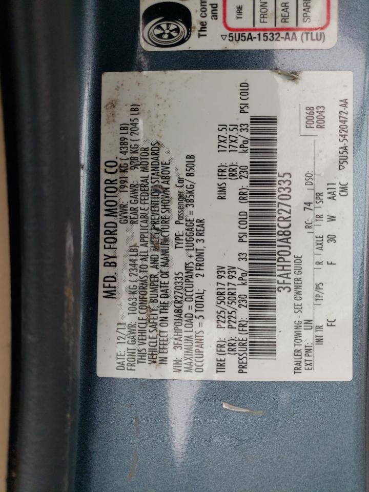 2012 Ford Fusion Sel VIN: 3FAHP0JA8CR270335 Lot: 72100435