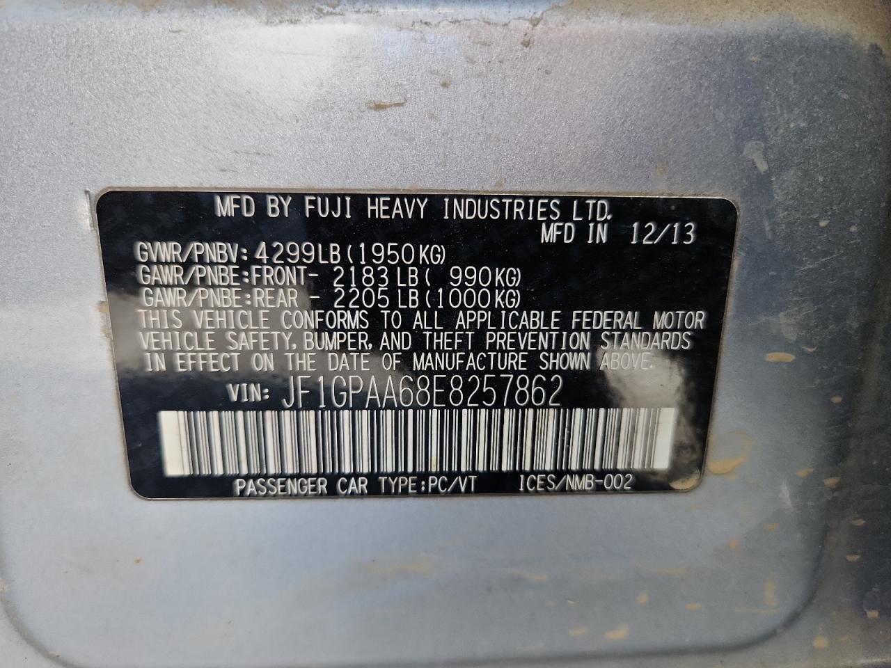 2014 Subaru Impreza VIN: JF1GPAA68E8257862 Lot: 80074705