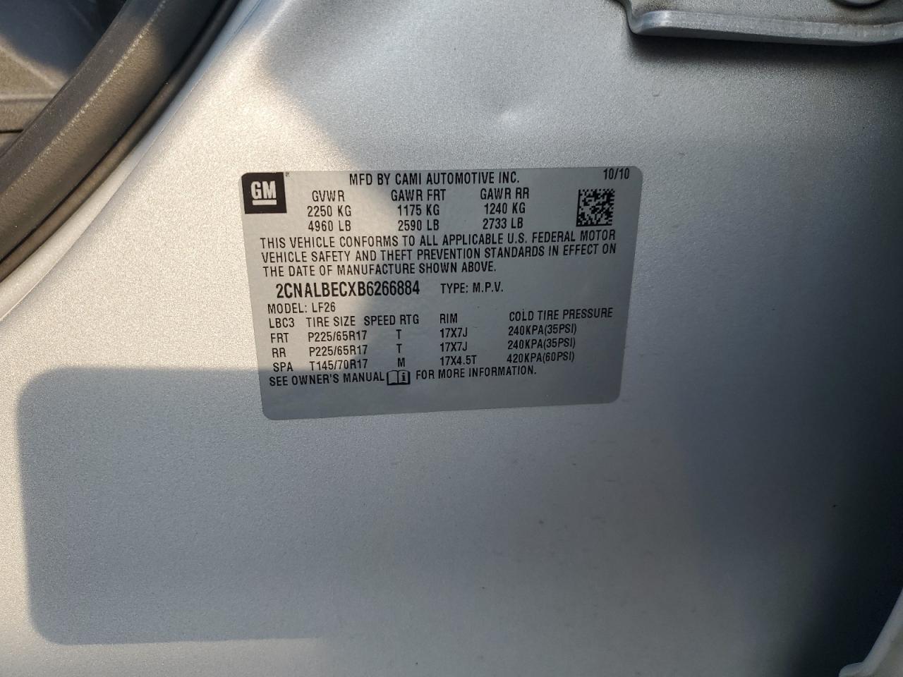 2011 Chevrolet Equinox Ls VIN: 2CNALBECXB6266884 Lot: 81112535