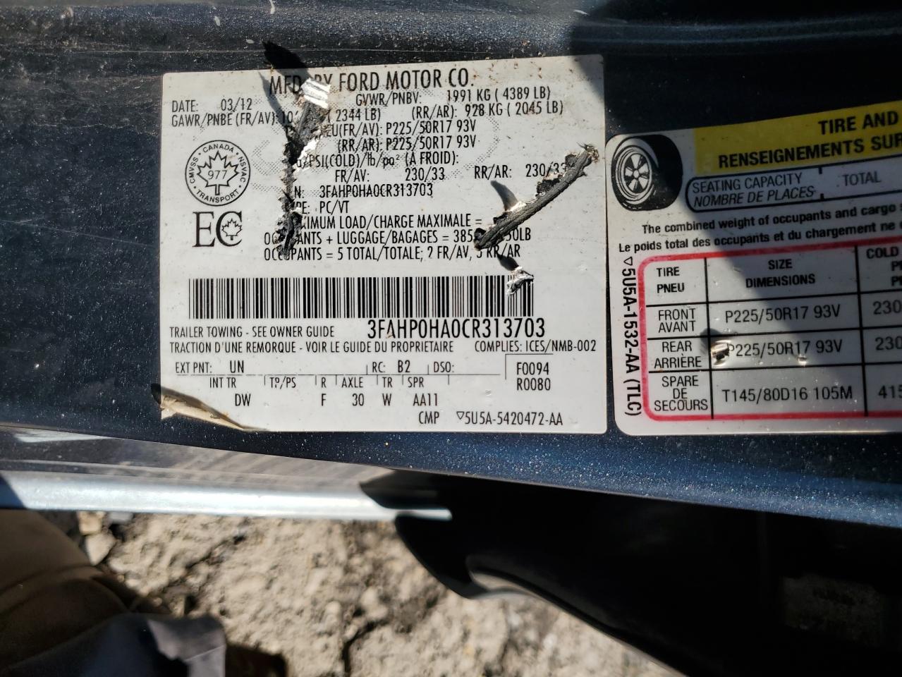 2012 Ford Fusion Se VIN: 3FAHP0HA0CR313703 Lot: 81862735