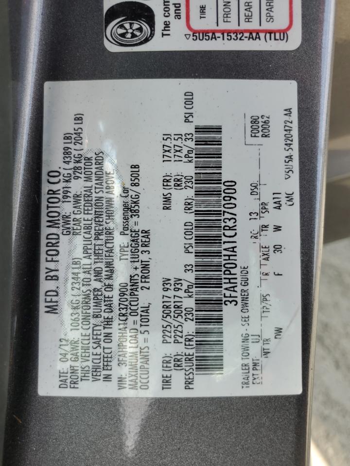 2012 Ford Fusion Se VIN: 3FAHP0HA1CR370900 Lot: 71514985