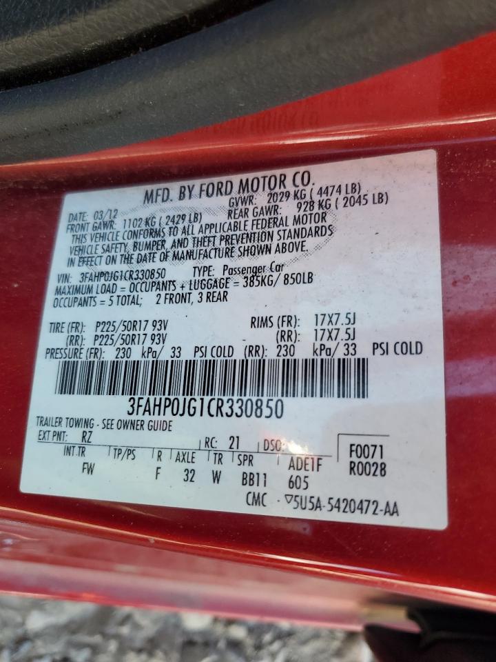 2012 Ford Fusion Sel VIN: 3FAHP0JG1CR330850 Lot: 72054945