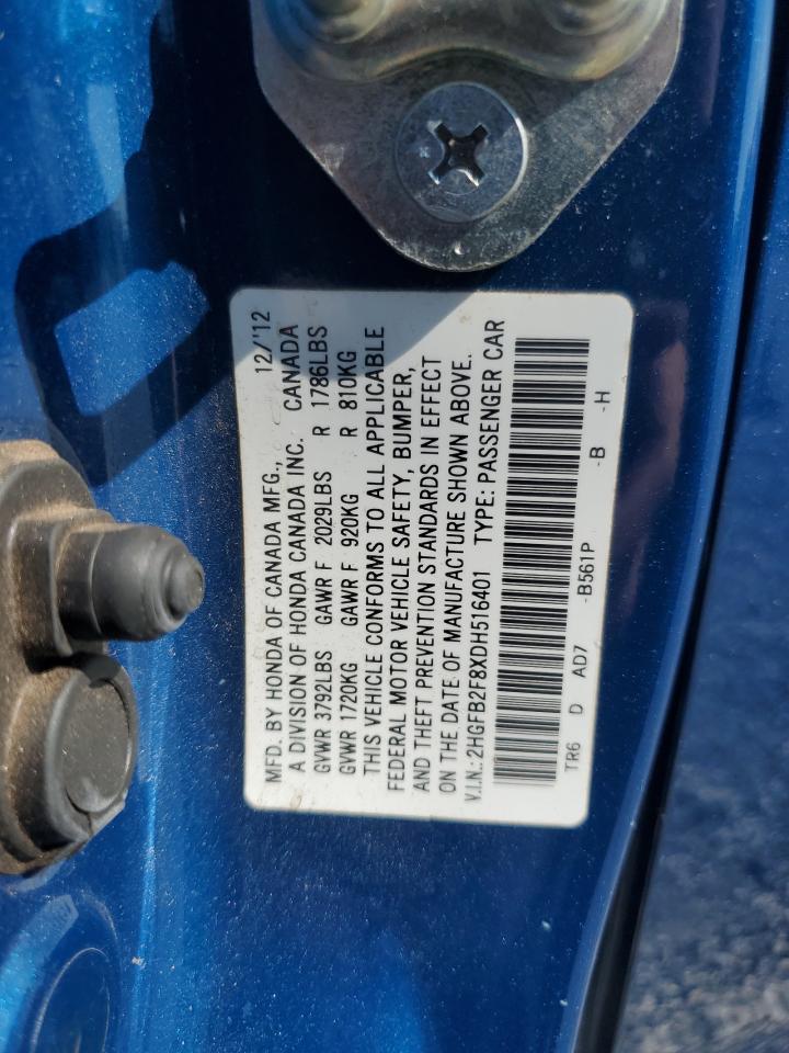 2013 Honda Civic Ex VIN: 2HGFB2F8XDH516401 Lot: 71710805