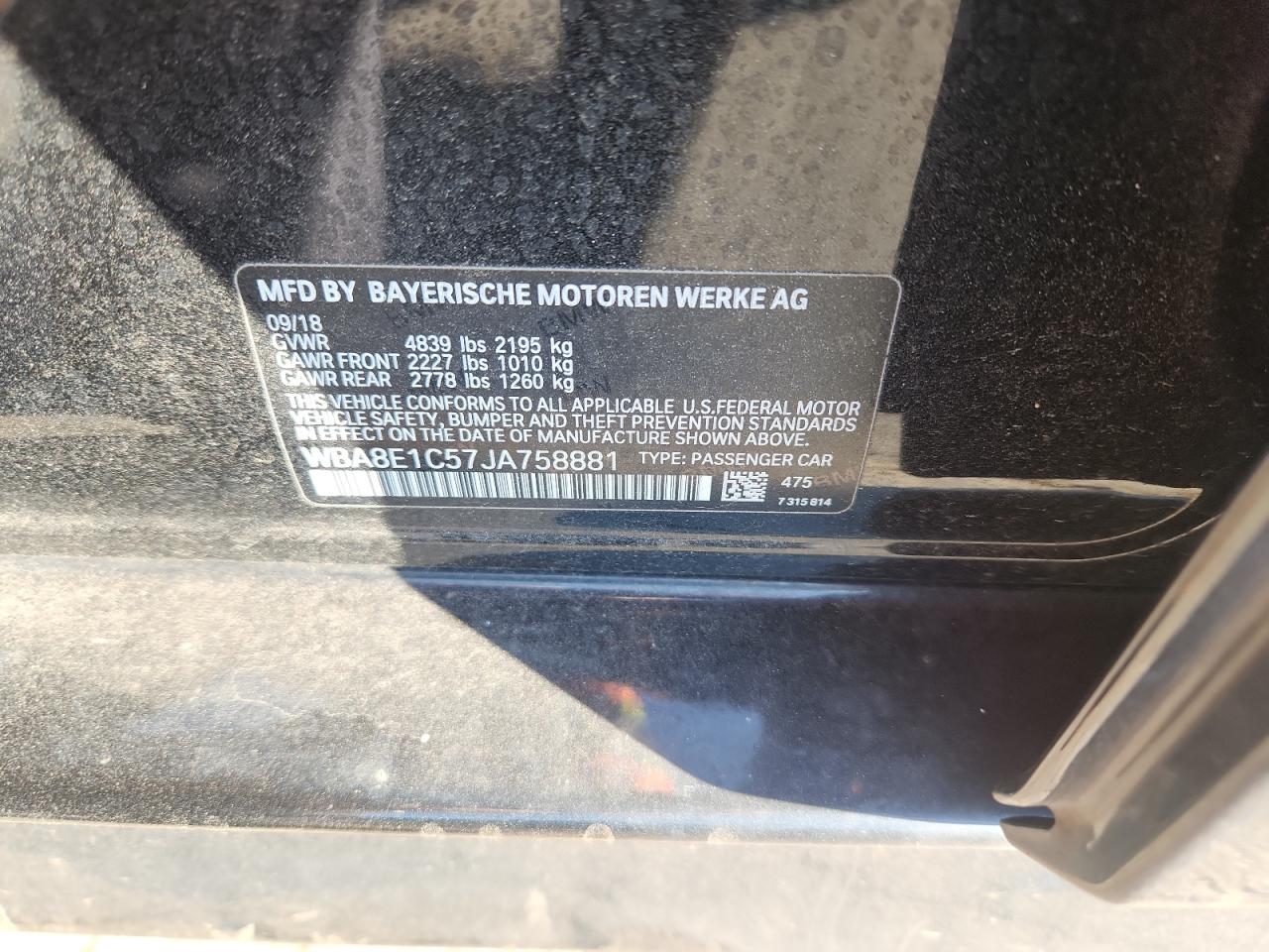 2018 BMW 330E VIN: WBA8E1C57JA758881 Lot: 83777125