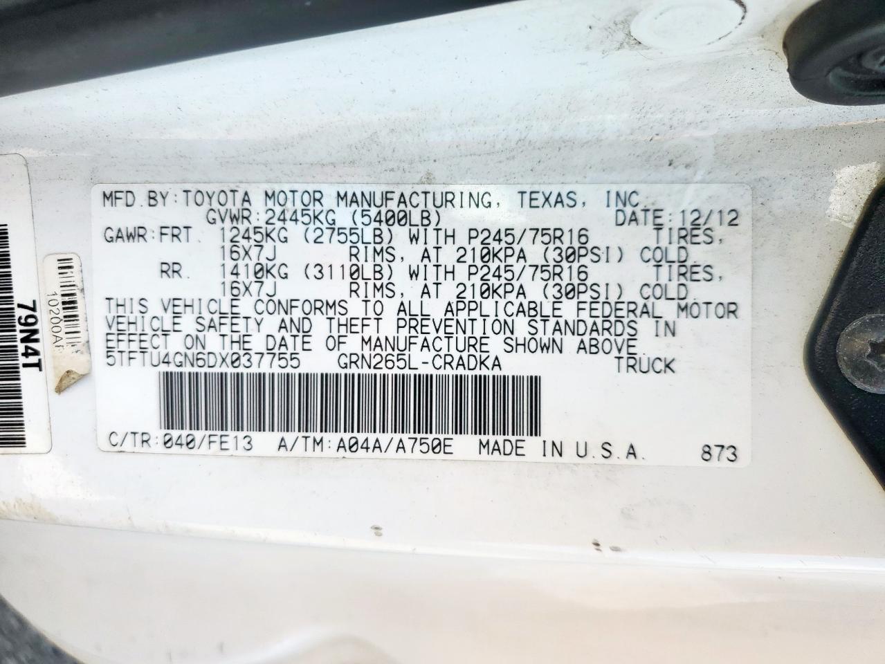 2013 Toyota Tacoma Prerunner Access Cab VIN: 5TFTU4GN6DX037755 Lot: 80316655