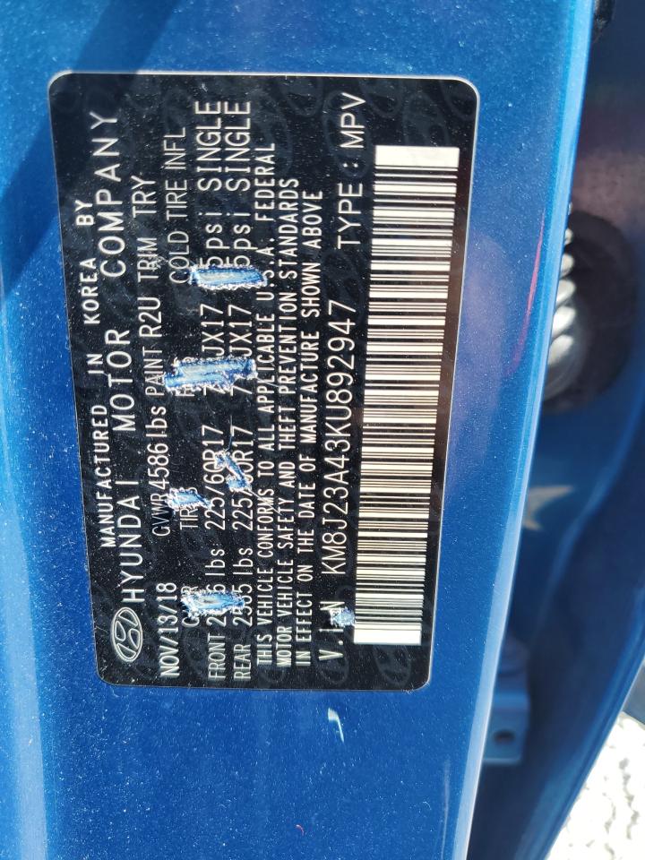 2019 Hyundai Tucson Se VIN: KM8J23A43KU892947 Lot: 80609525