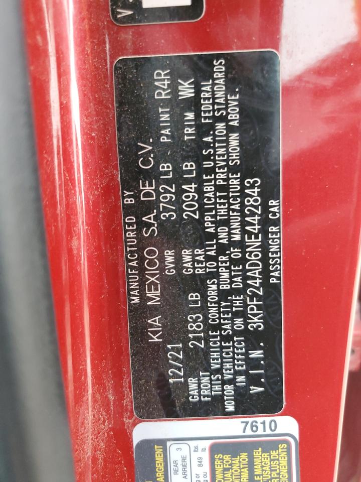 2022 Kia Forte Fe VIN: 3KPF24AD6NE442843 Lot: 71482955