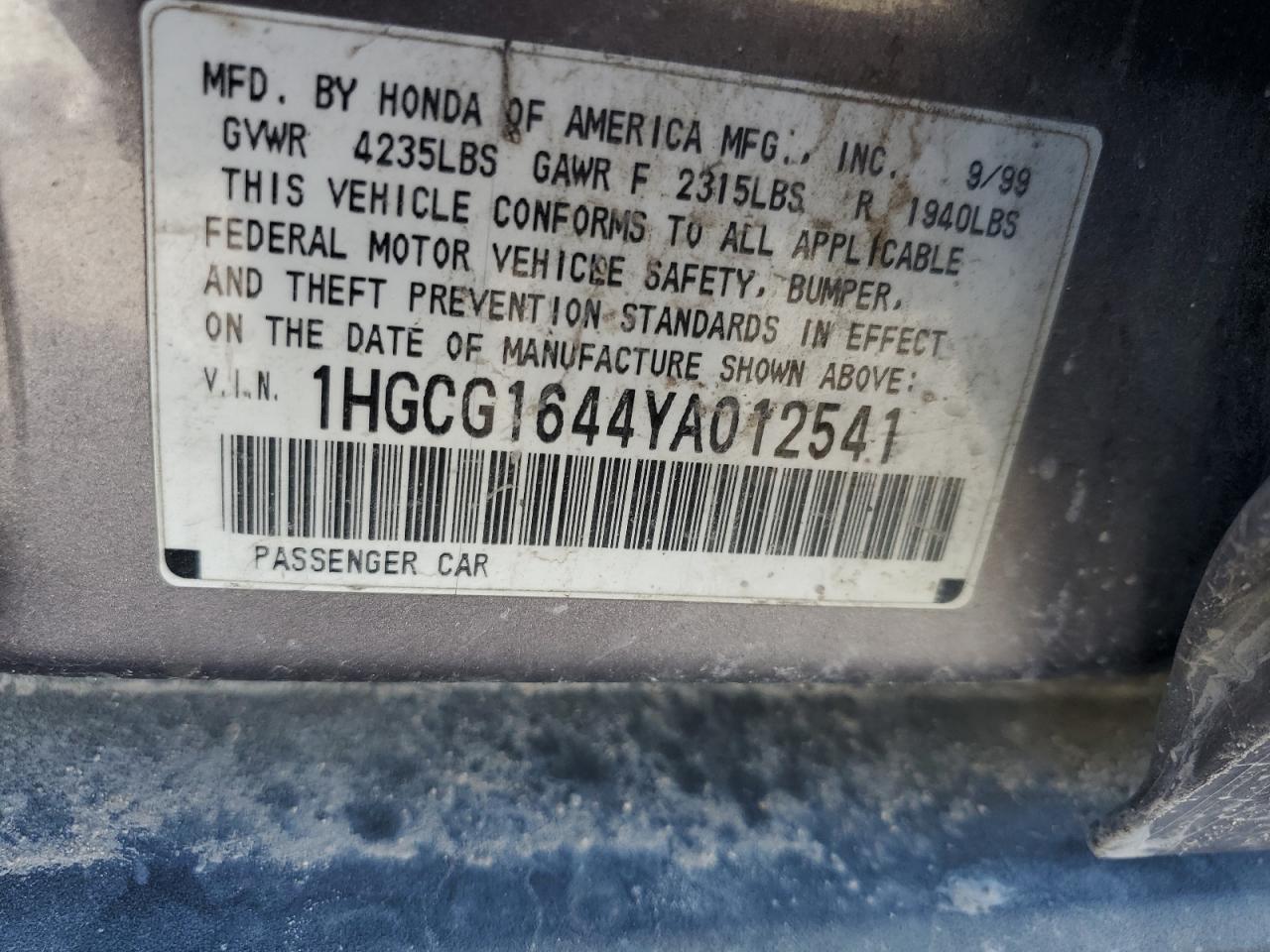 2000 Honda Accord Lx VIN: 1HGCG1644YA012541 Lot: 82137065