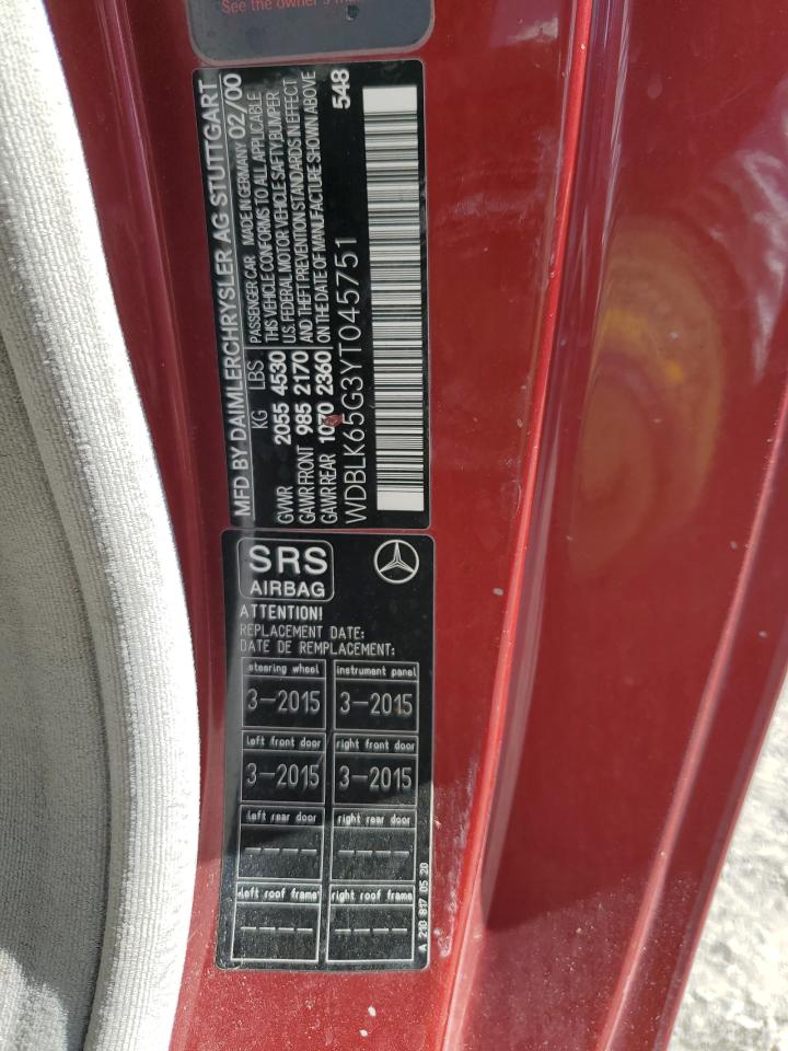 2000 Mercedes-Benz Clk 320 VIN: WDBLK65G3YT045751 Lot: 80951365