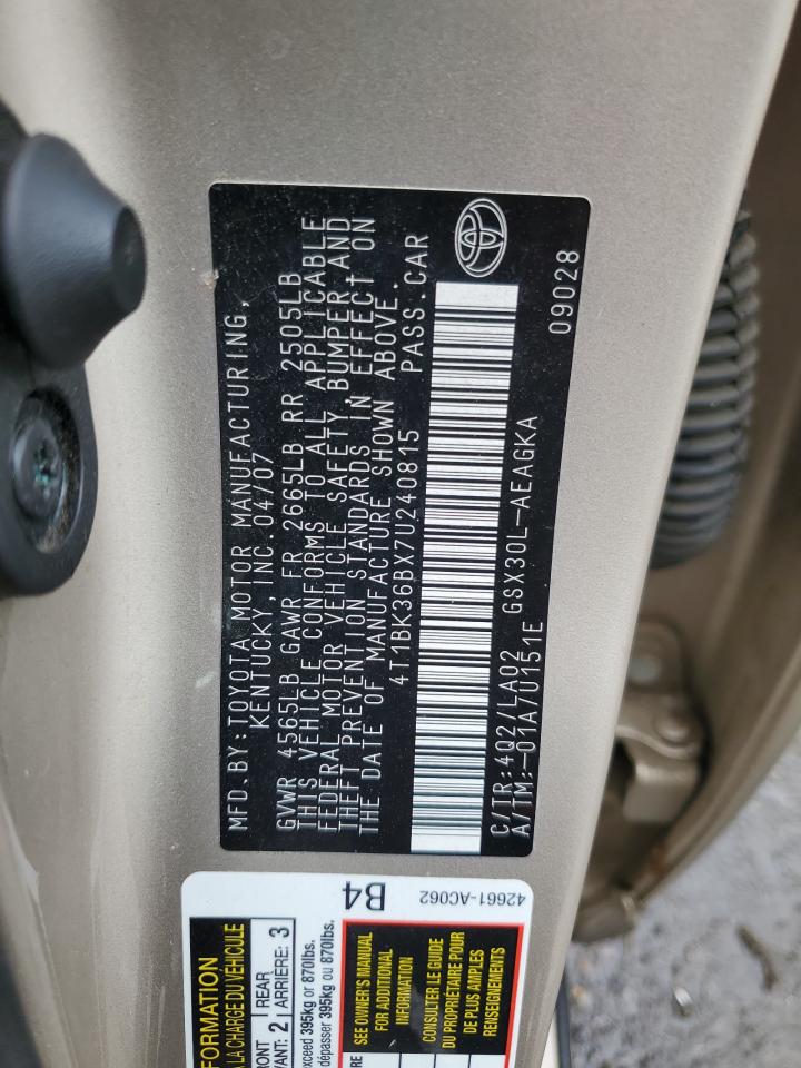 2007 Toyota Avalon Xl VIN: 4T1BK36BX7U240815 Lot: 83867125