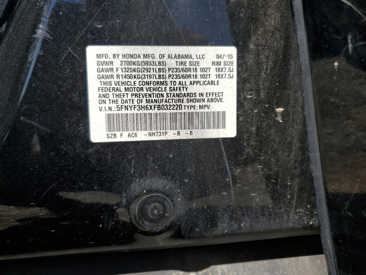 2015 Honda Pilot Exl VIN: 5FNYF3H6XFB032220 Lot: 82166215