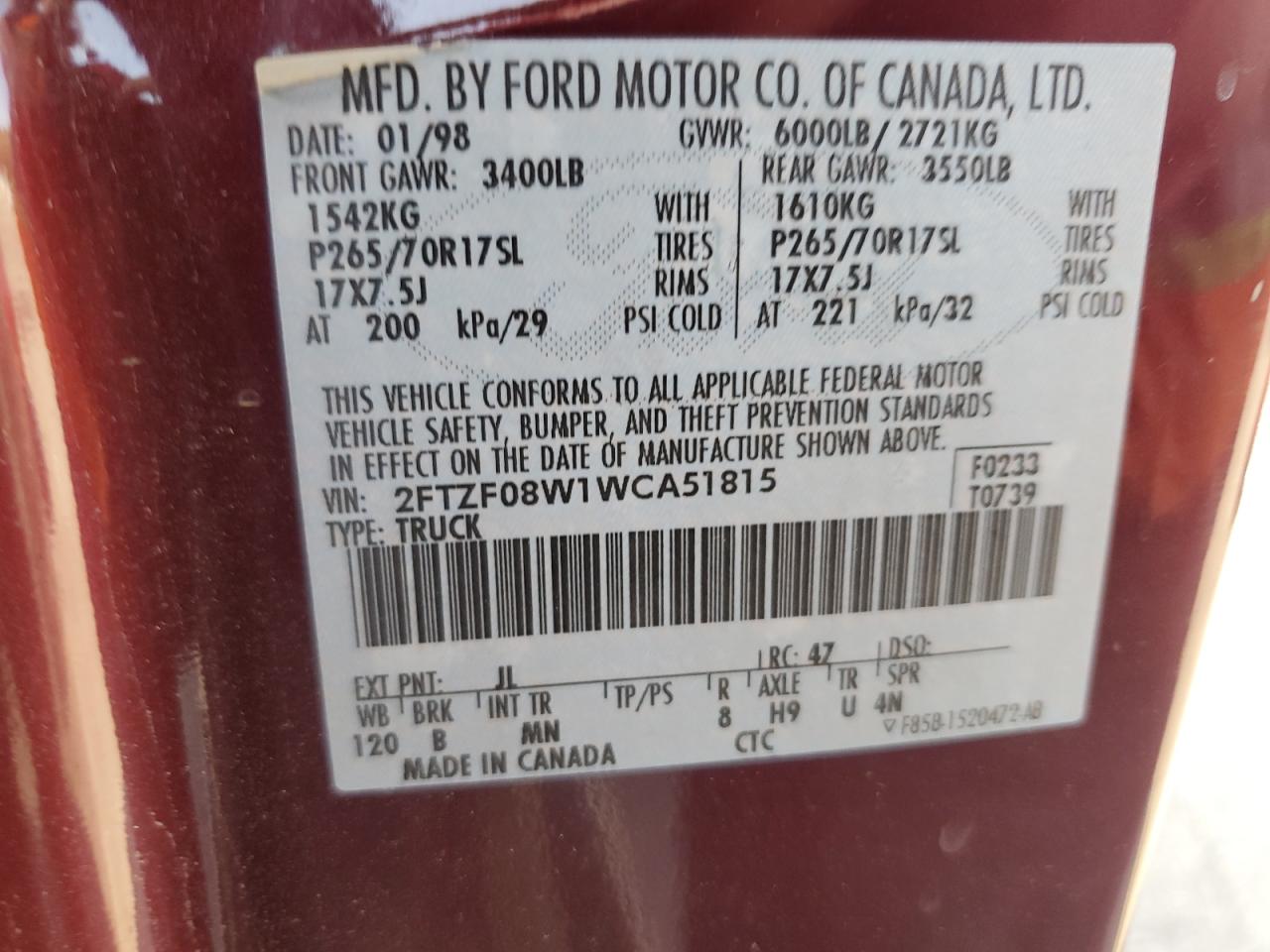 1998 Ford F150 VIN: 2FTZF08W1WCA51815 Lot: 81263235