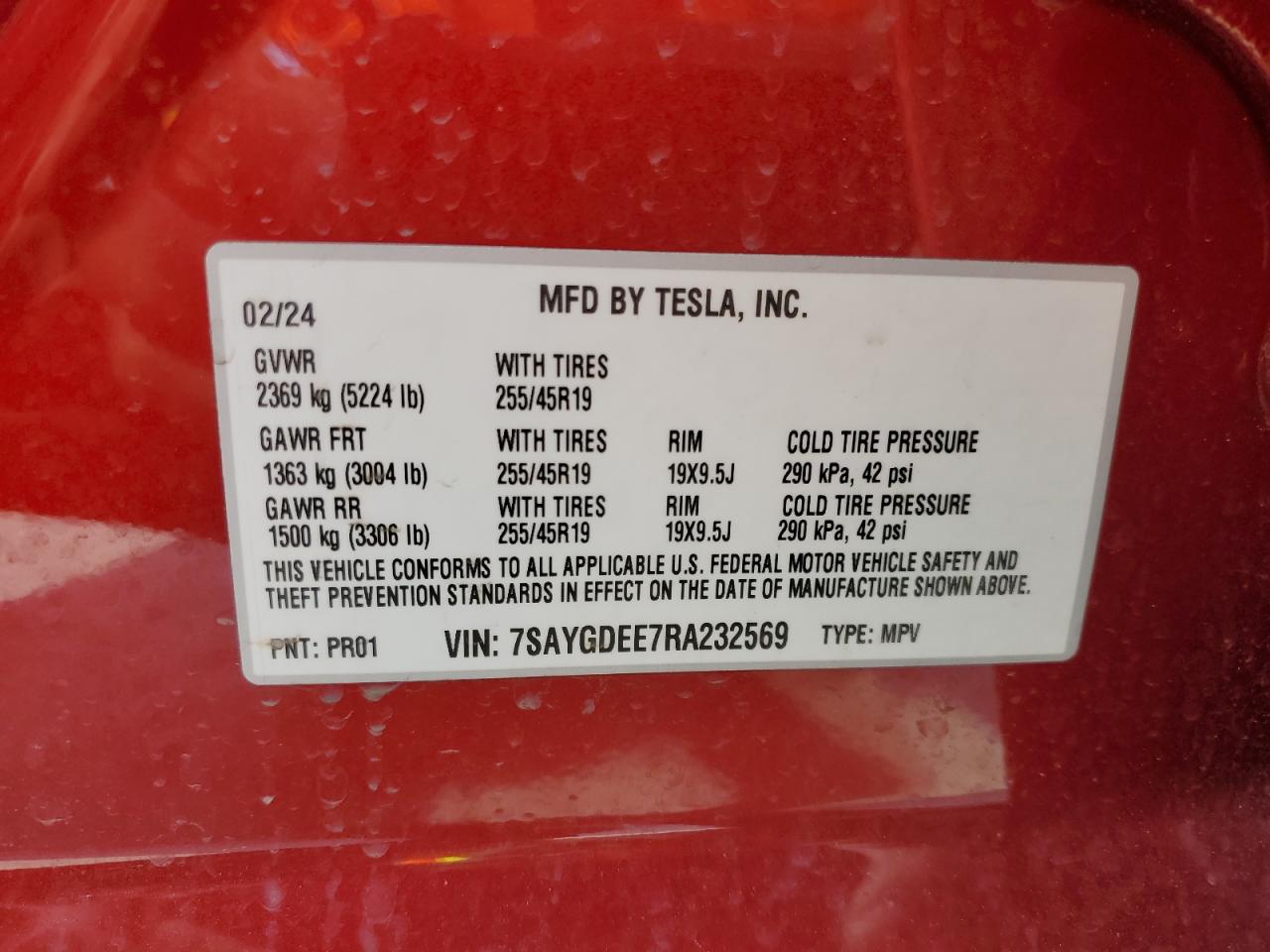 2024 Tesla Model Y VIN: 7SAYGDEE7RA232569 Lot: 80144265