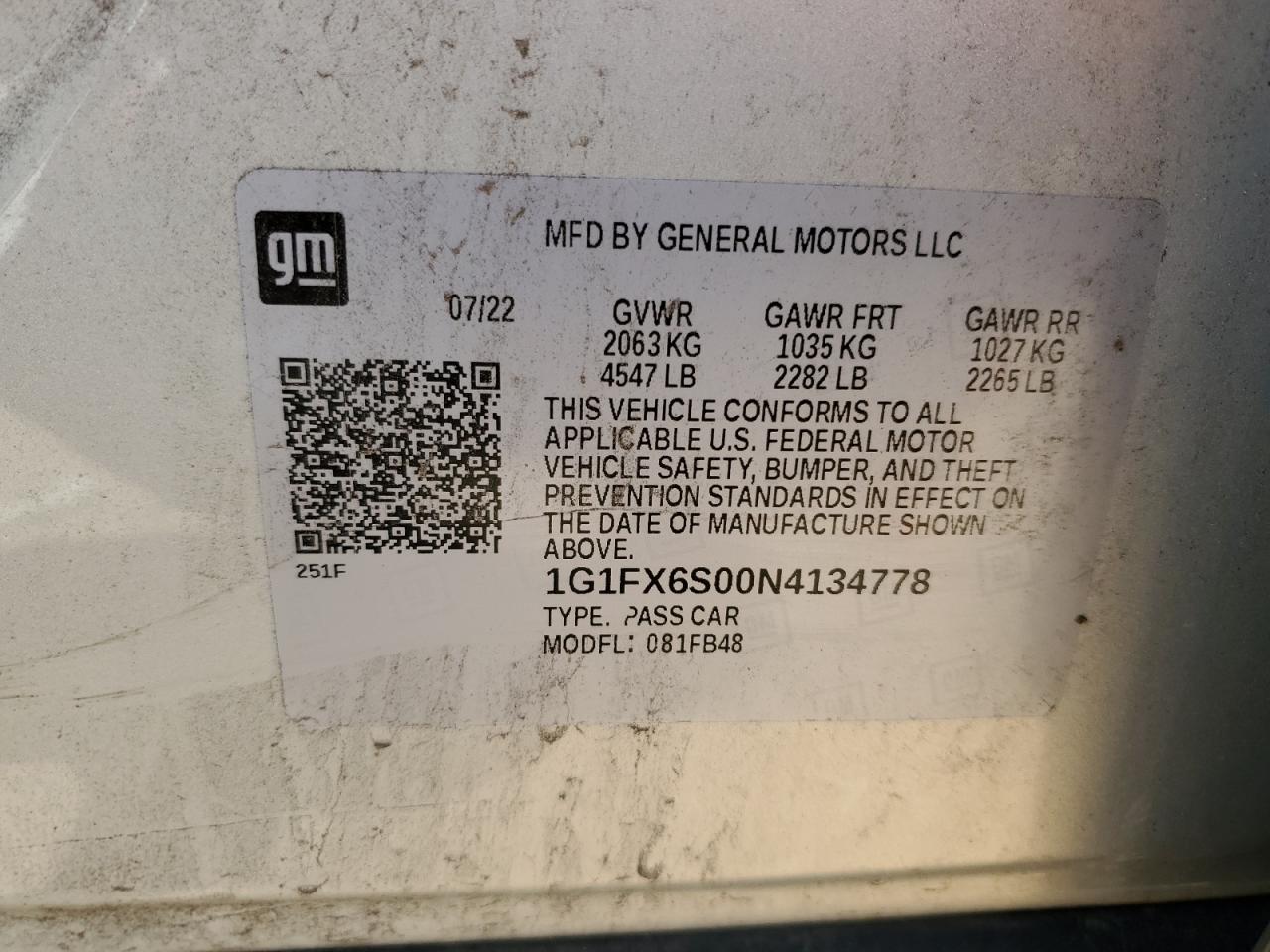 2022 Chevrolet Bolt Ev 2Lt VIN: 1G1FX6S00N4134778 Lot: 81448635