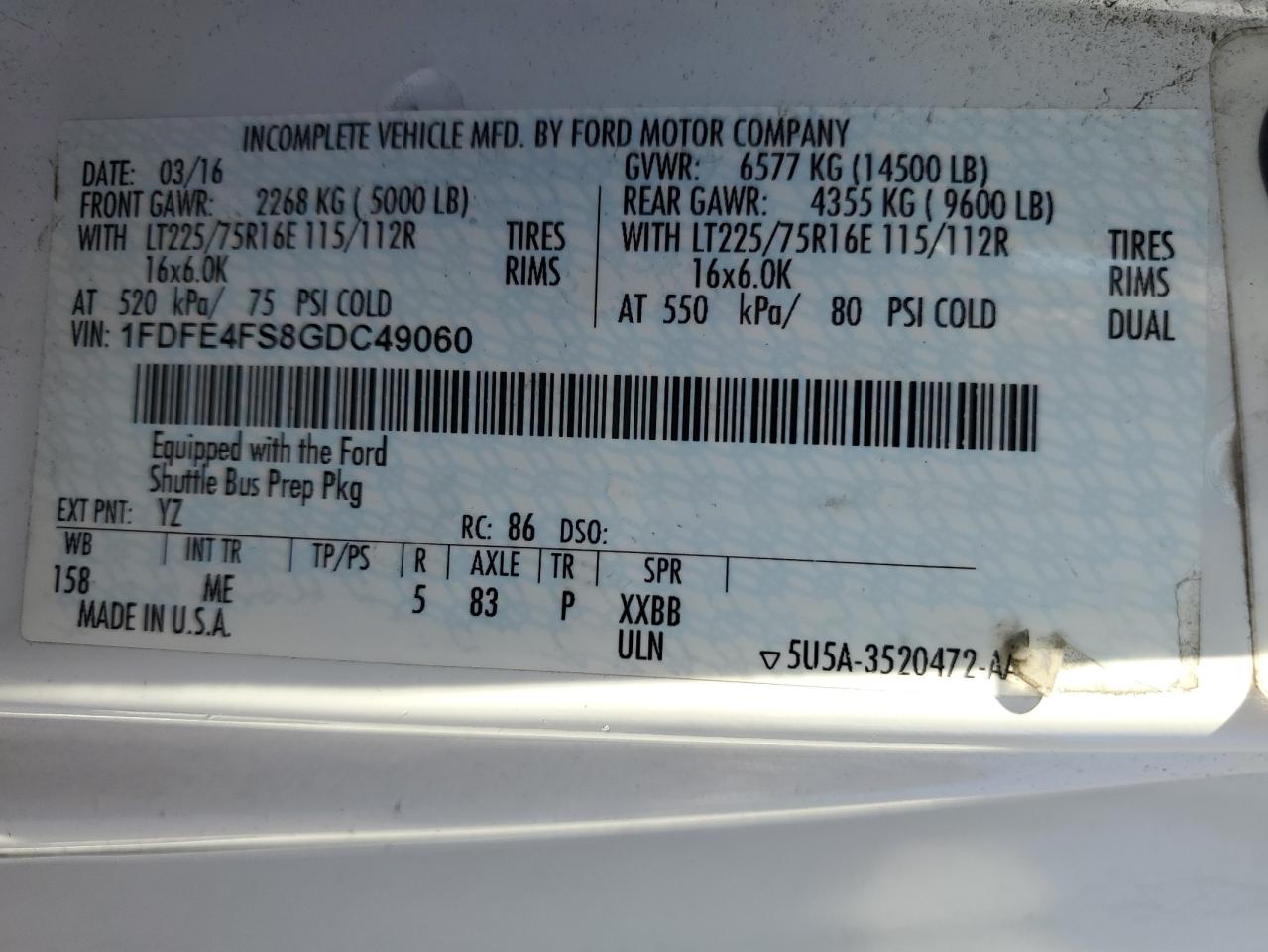 2016 Ford Econoline E450 Super Duty Cutaway Van VIN: 1FDFE4FS8GDC49060 Lot: 84250345