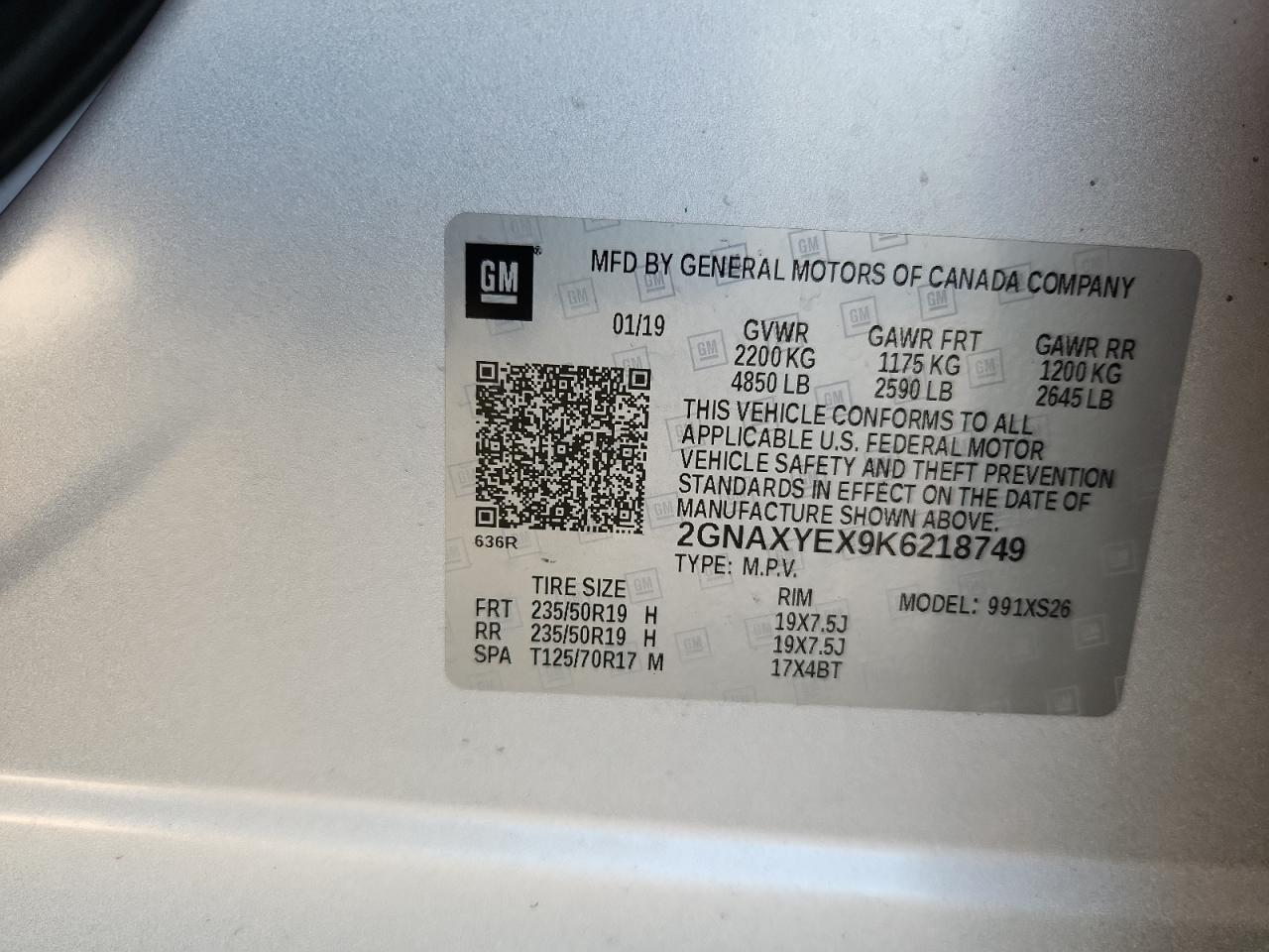 2019 Chevrolet Equinox Premier VIN: 2GNAXYEX9K6218749 Lot: 72063305