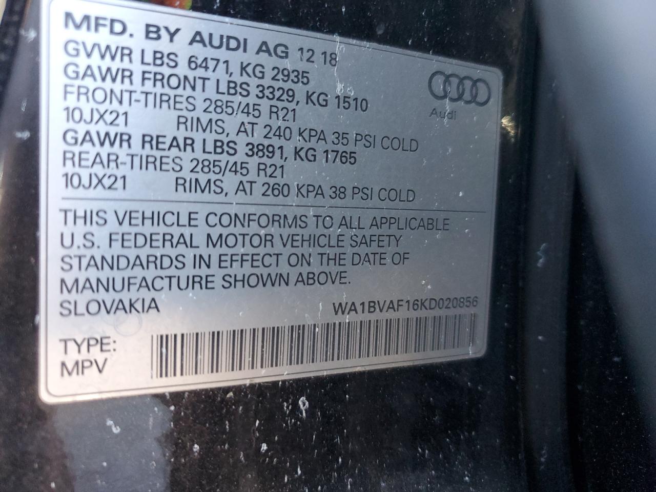 2019 Audi Q8 Premium Plus VIN: WA1BVAF16KD020856 Lot: 71607085