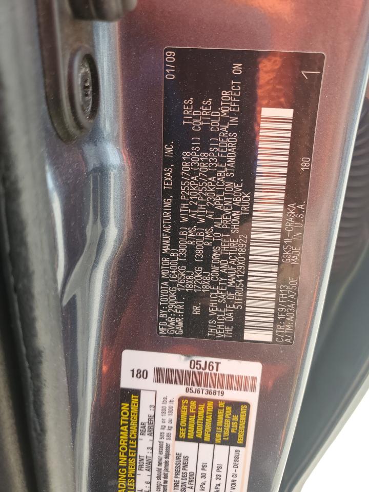 2009 Toyota Tundra Double Cab VIN: 5TFRU54129X018922 Lot: 80948585
