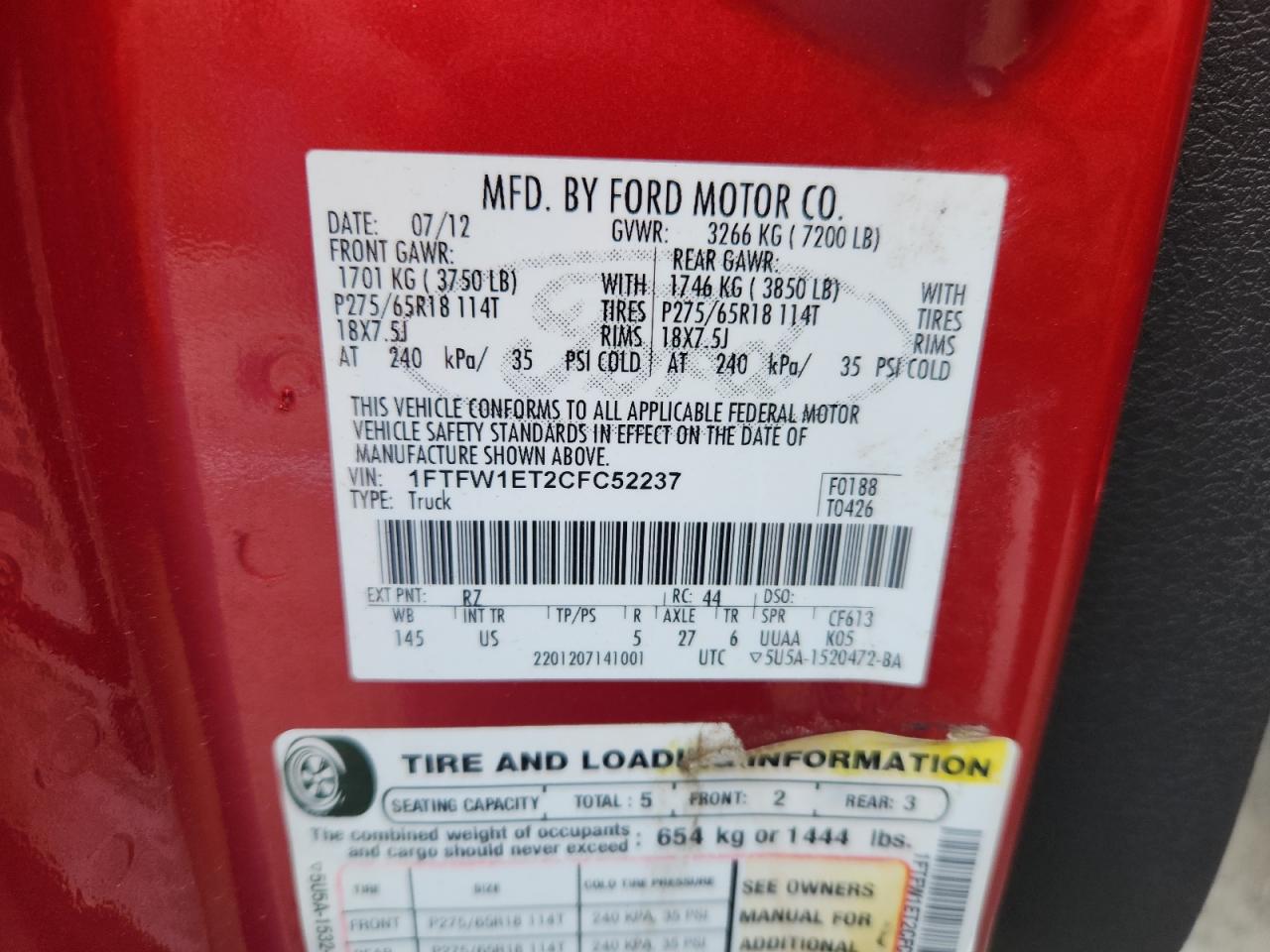 2012 Ford F150 Supercrew VIN: 1FTFW1ET2CFC52237 Lot: 71601075