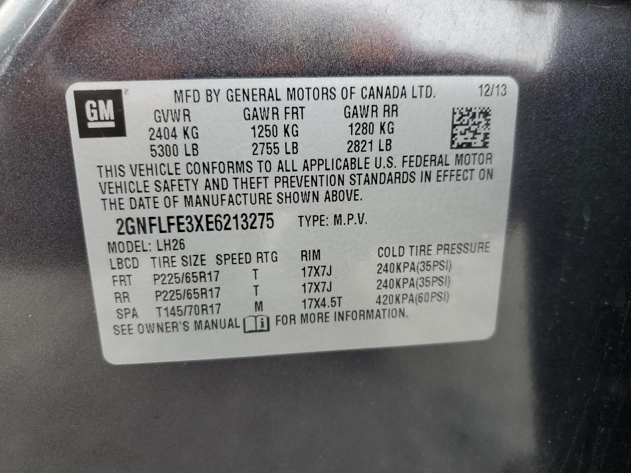 2014 Chevrolet Equinox Lt VIN: 2GNFLFE3XE6213275 Lot: 84577255