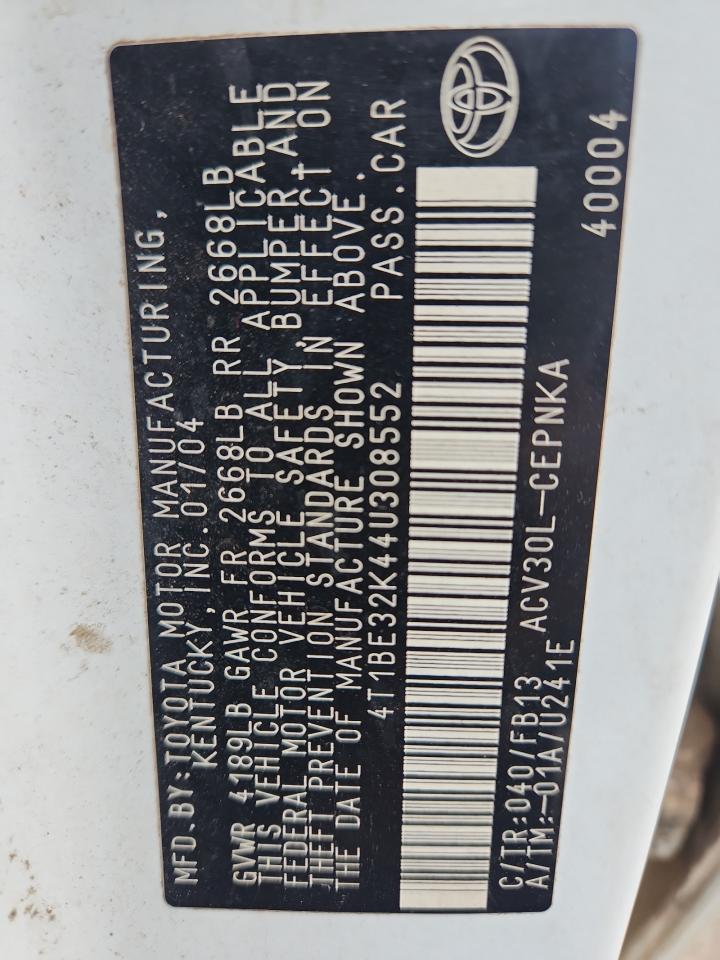 2004 Toyota Camry Le VIN: 4T1BE32K44U308552 Lot: 82118245