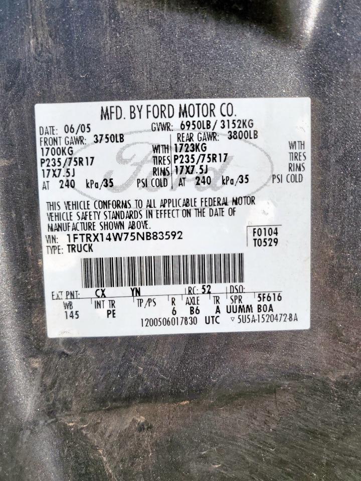 2005 Ford F150 VIN: 1FTRX14W75NB83592 Lot: 71134435