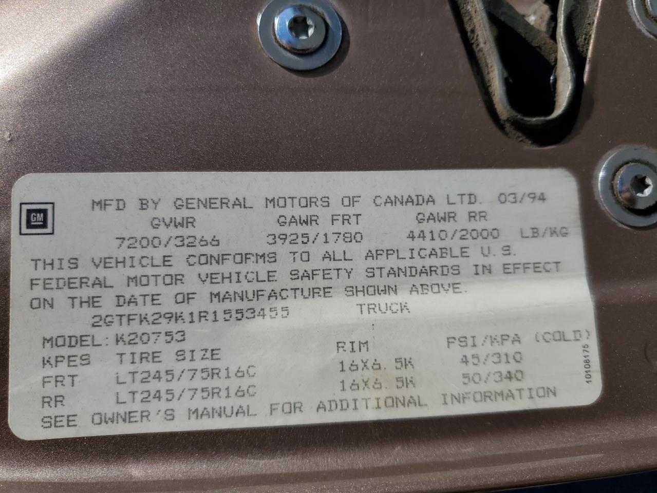 1994 GMC Sierra K2500 VIN: 2GTFK29K1R1553455 Lot: 80840285