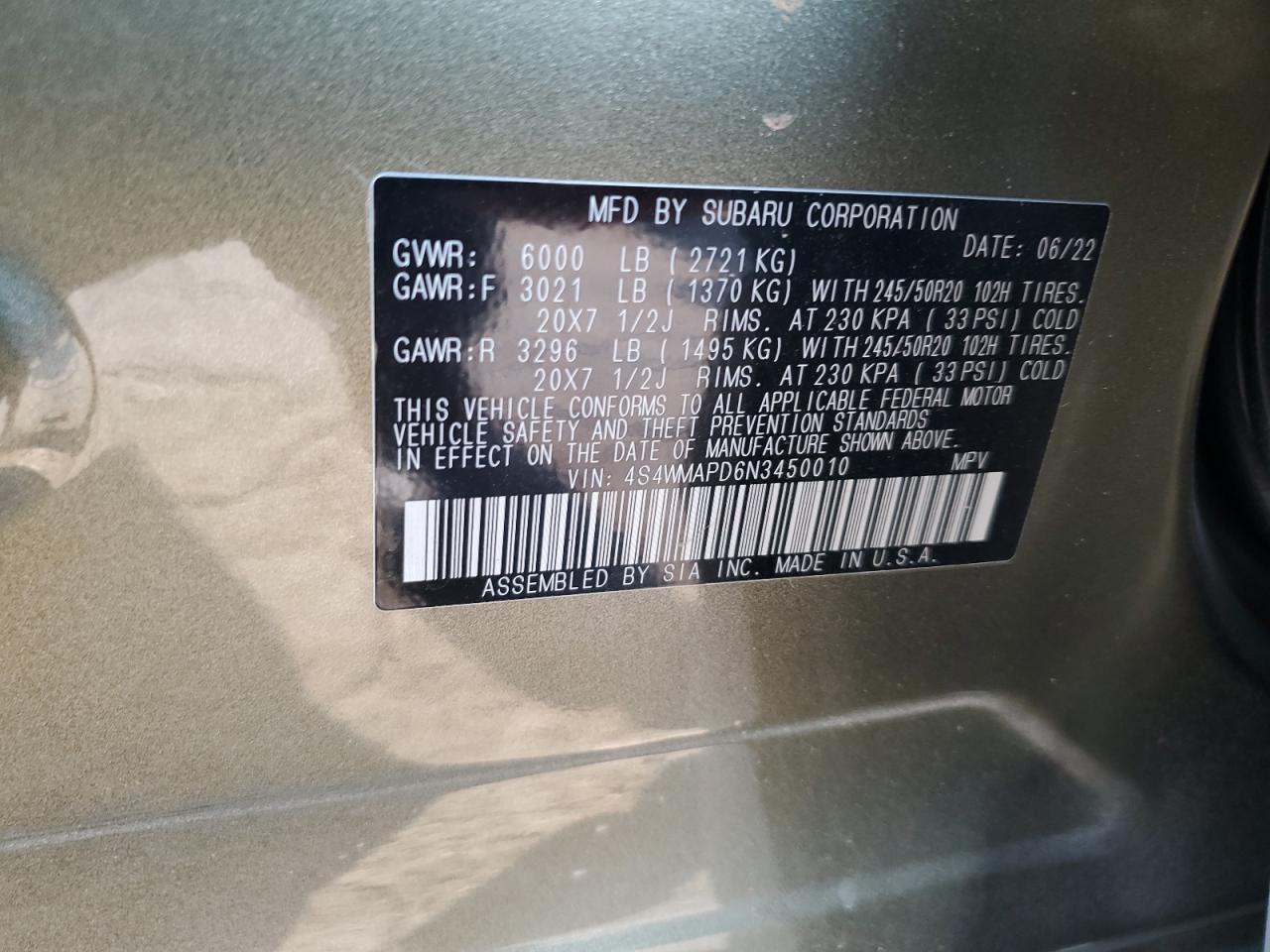 2022 Subaru Ascent Limited VIN: 4S4WMAPD6N3450010 Lot: 70778145