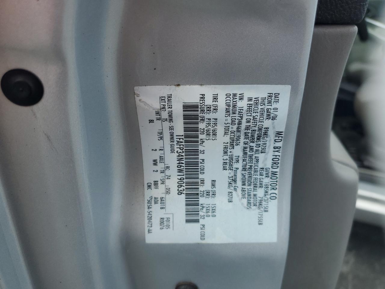 2006 Ford Focus Zx4 VIN: 1FAFP34N46W190636 Lot: 81637575