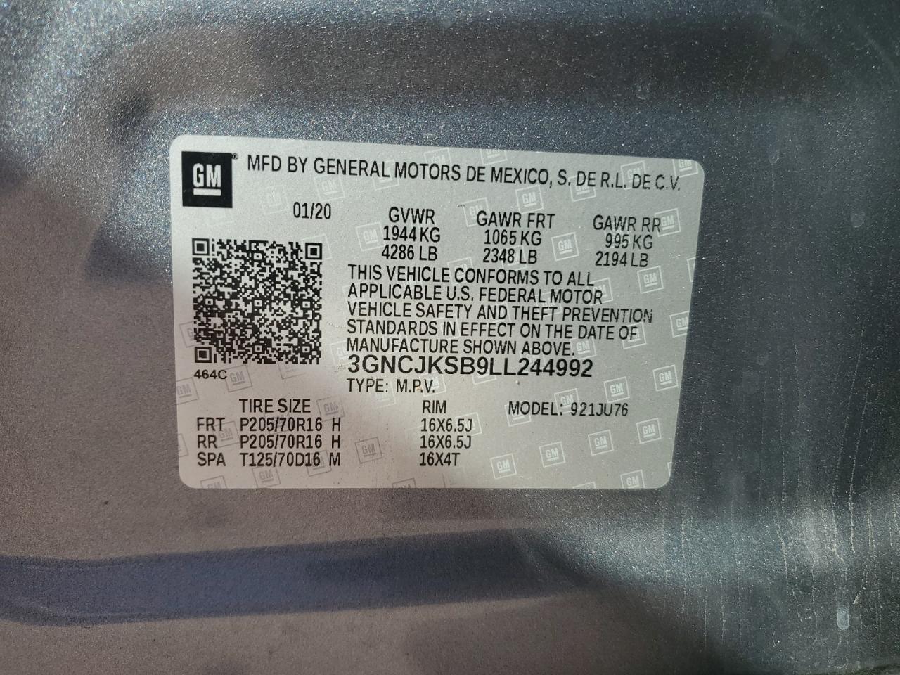 2020 Chevrolet Trax Ls VIN: 3GNCJKSB9LL244992 Lot: 84002435