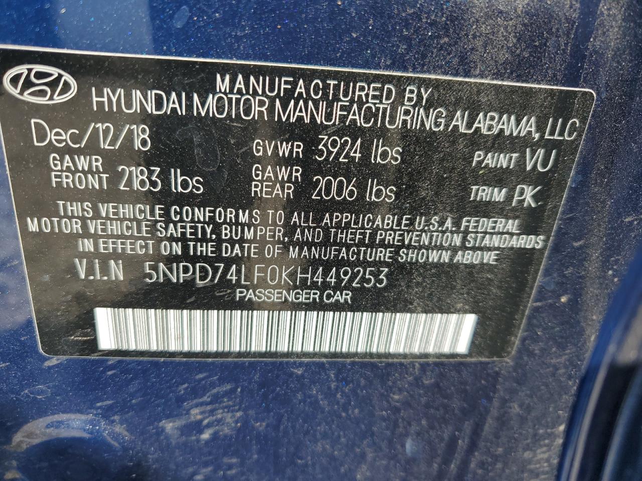 2019 Hyundai Elantra Se VIN: 5NPD74LF0KH449253 Lot: 71093765