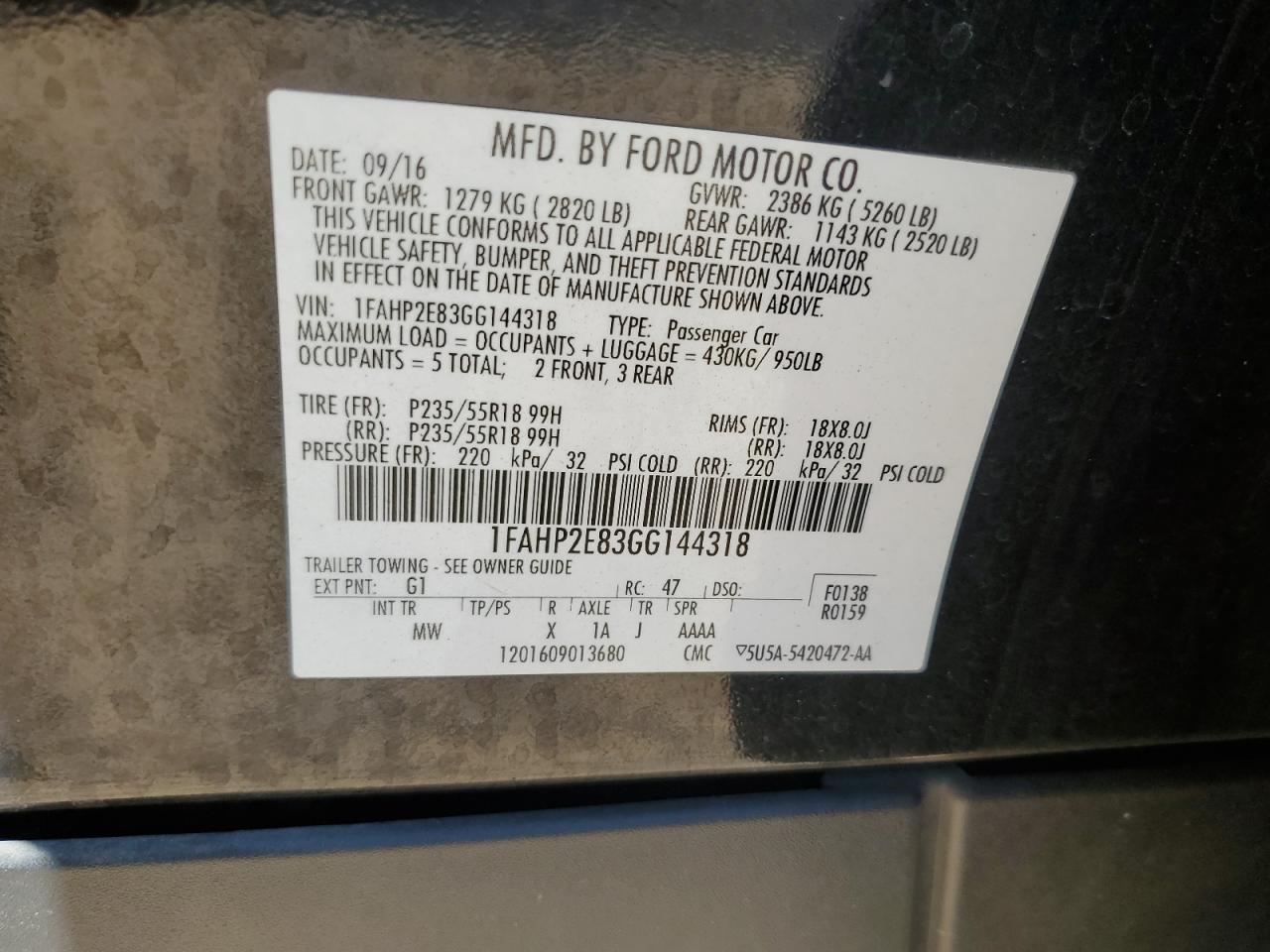 2016 Ford Taurus Sel VIN: 1FAHP2E83GG144318 Lot: 80842825