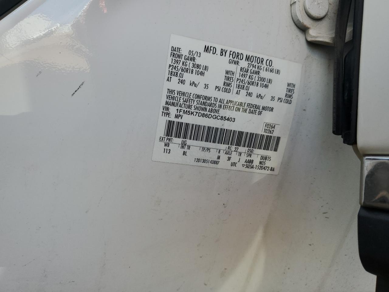 2013 Ford Explorer Xlt VIN: 1FM5K7D86DGC85403 Lot: 80210785