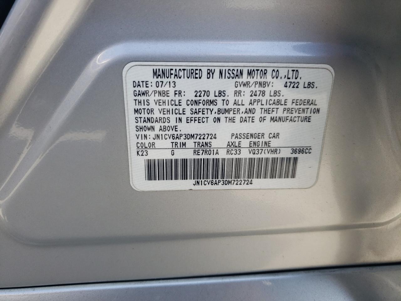 2013 Infiniti G37 Base VIN: JN1CV6AP3DM722724 Lot: 81853795