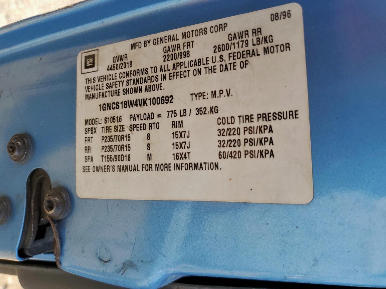 1997 Chevrolet Blazer VIN: 1GNCS18W4VK100692 Lot: 80795215