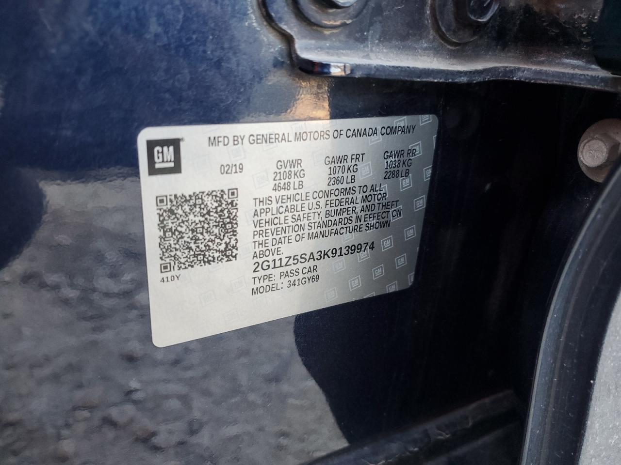 2019 Chevrolet Impala Lt VIN: 2G11Z5SA3K9139974 Lot: 80184855