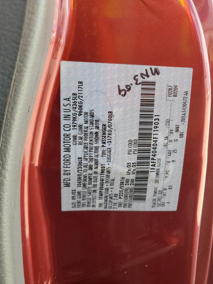 2004 Ford Mustang VIN: 1FAFP40404F119031 Lot: 84289025