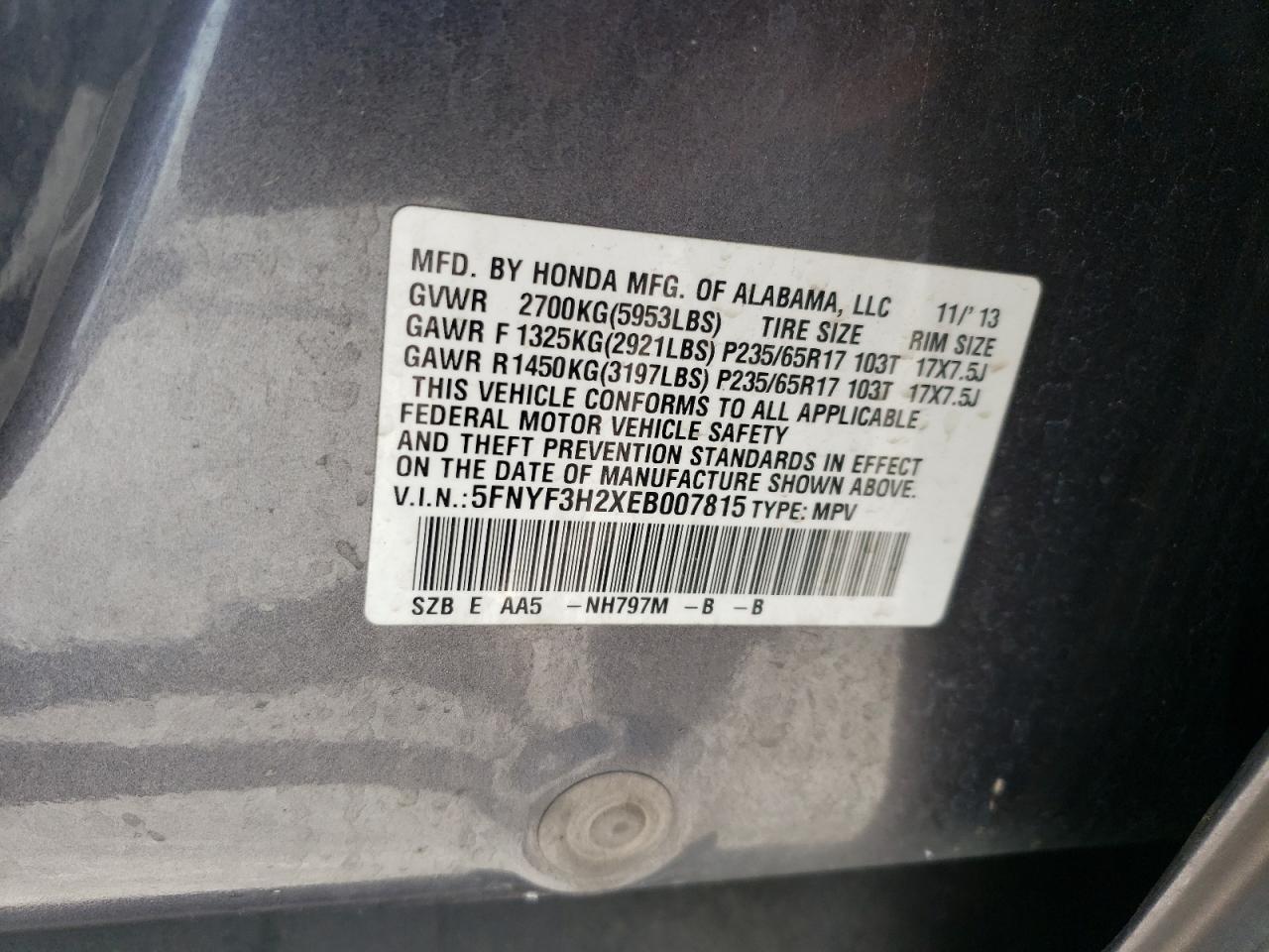 2014 Honda Pilot Lx VIN: 5FNYF3H2XEB007815 Lot: 82157175