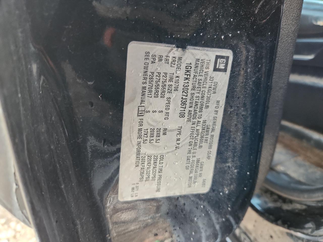 2007 GMC Yukon VIN: 1GKFK13027J367108 Lot: 80936865