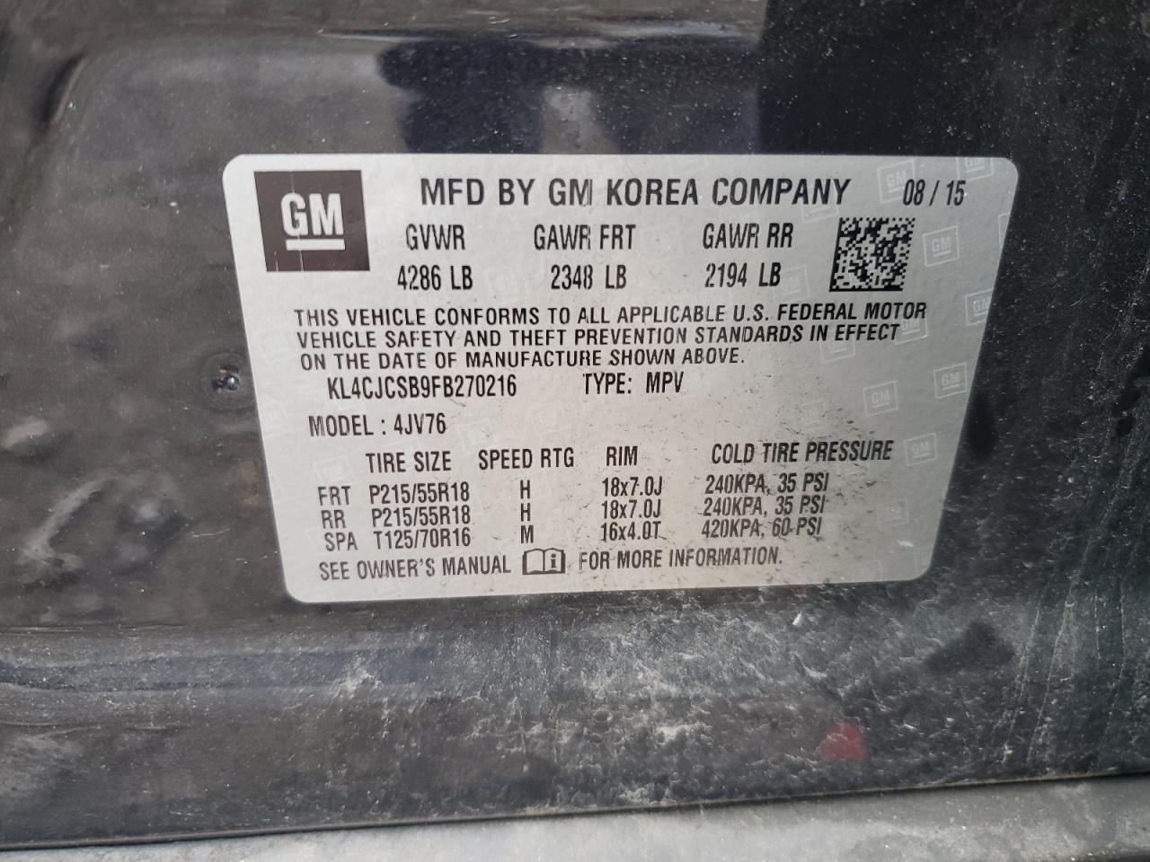 2015 Buick Encore VIN: KL4CJCSB9FB270216 Lot: 84906755