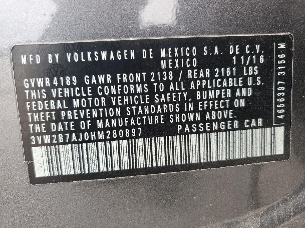 2017 Volkswagen Jetta S VIN: 3VW2B7AJ0HM280897 Lot: 81333275