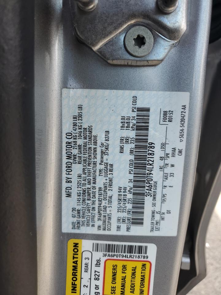 2020 Ford Fusion Se VIN: 3FA6P0T94LR218789 Lot: 82100635