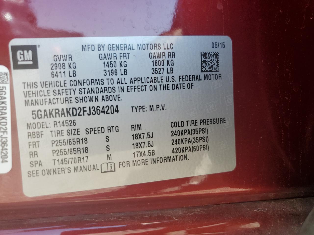 2015 Buick Enclave VIN: 5GAKRAKD2FJ364204 Lot: 80723185