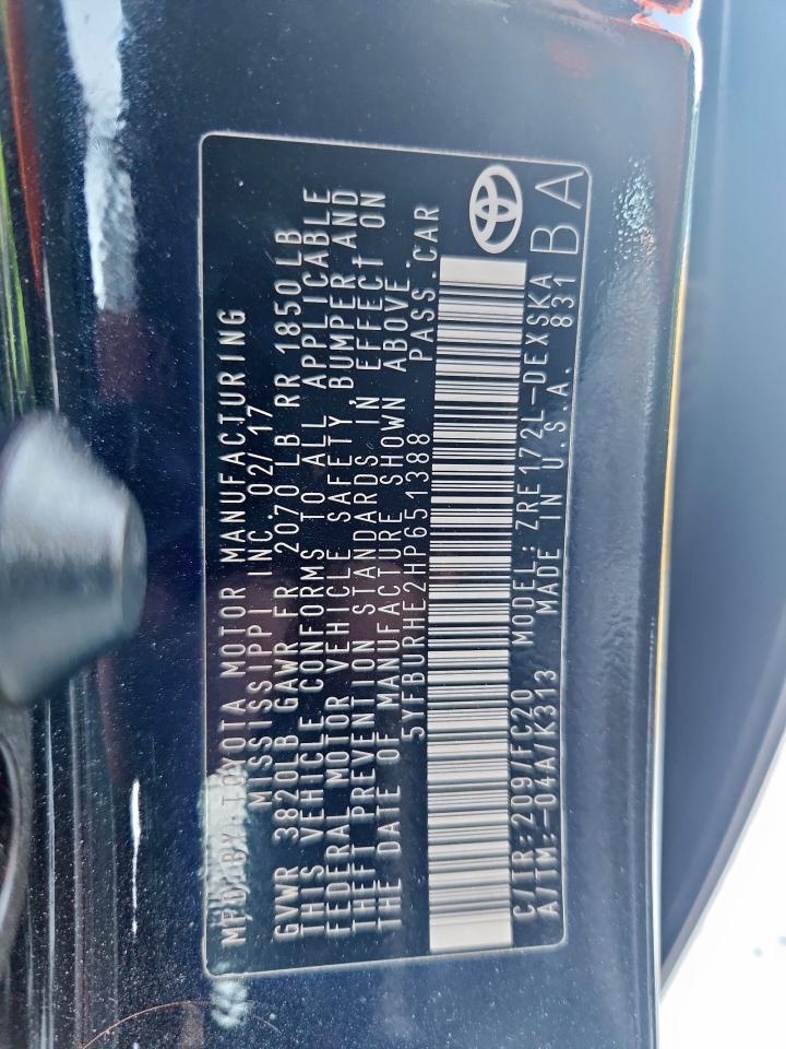 2017 Toyota Corolla L VIN: 5YFBURHE2HP651388 Lot: 81712625