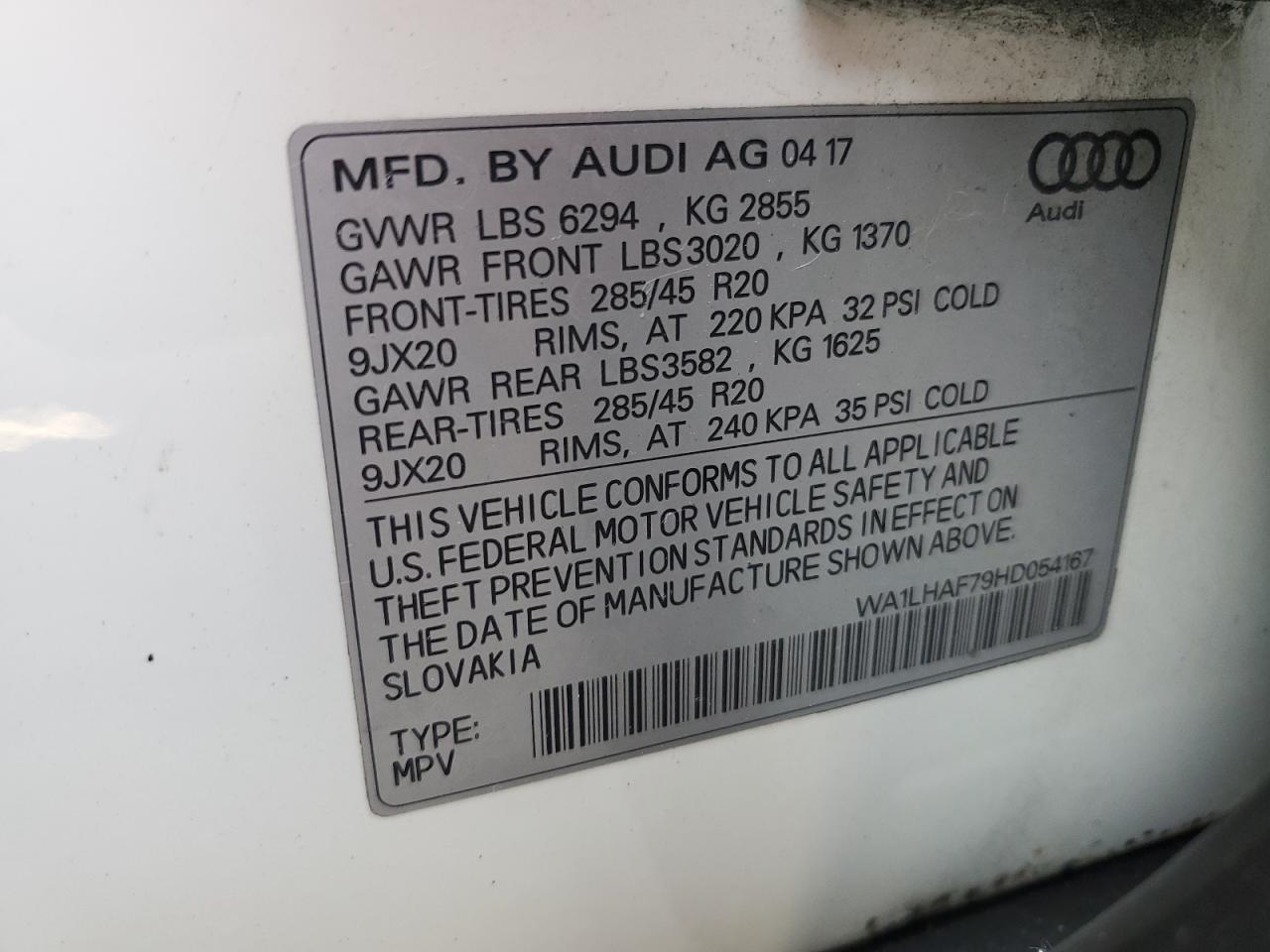 2017 Audi Q7 Premium Plus VIN: WA1LHAF79HD054167 Lot: 81373355